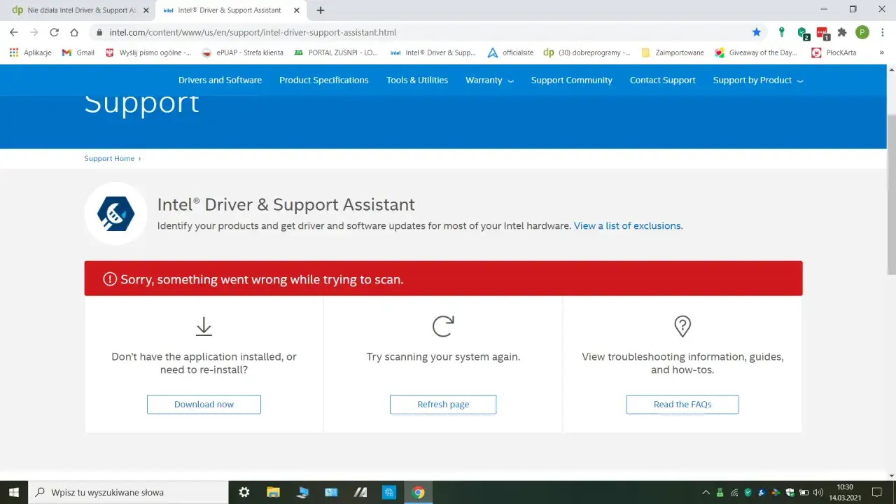 Strona Intel Driver & Support Assistant nie działa. Spróbuj odświeżyć stronę lub pobrać aplikację, aby dowiedzieć się, jak zaktualizować sterowniki procesora Intel.