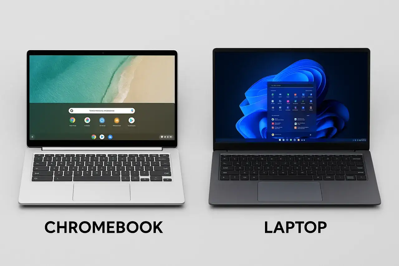 Chromebook z systemem ChromeOS obok laptopa z systemem Windows. Wybór między nimi zależy od Twoich potrzeb.