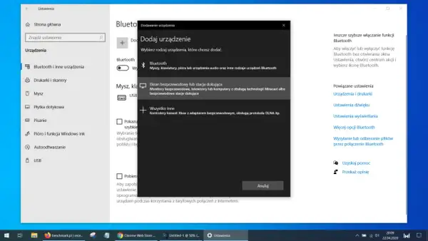 Ustawienia Windows: dodawanie urządzenia. Wybierz "Ekran bezprzewodowy lub stacja dokująca", by dowiedzieć się, jak przenieść obraz z laptopa na telewizor bezprzewodowo.