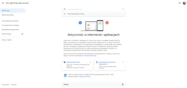 Strona Google Moja aktywność pozwala sprawdzić, jakie aplikacje były uruchamiane. Możesz przeglądać i zarządzać swoją historią.