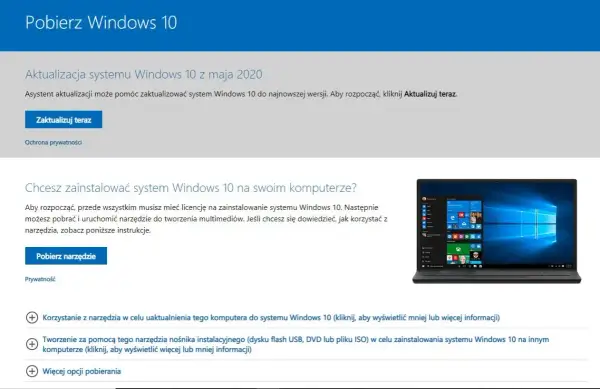 Strona pobierania Windows 10. Dowiedz się, jak zaktualizować Win 8.1 do 10 lub zainstalować system na nowo.
