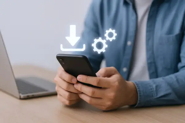 Dłoń trzymająca smartfon z ikonami pobierania i ustawień.
