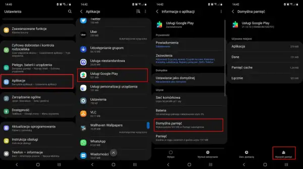 Ekran telefonu pokazuje, dlaczego nie mogę zaktualizować Usługi Google Play. Widoczne są ustawienia aplikacji, informacje o Usługach Google Play i zarządzanie pamięcią.