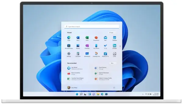 Menu Start w Windows 11. Zobacz, jak zaktualizować Windows, aby uzyskać najnowsze funkcje i zabezpieczenia.