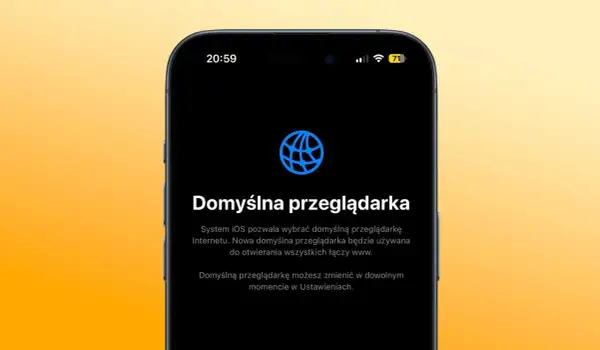 Ikona przeglądarki na ekranie telefonu z tekstem "Domyślna przeglądarka".