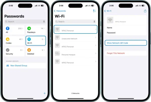 Jak udostępnić Wi-Fi iPhone: zobacz zapisane sieci Wi-Fi, wybierz jedną, by pokazać kod QR lub zapomnieć.