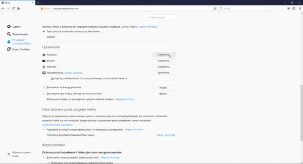 Ustawienia przeglądarki Firefox. Sekcja "Uprawnienia" pokazuje opcje dotyczące lokalizacji, kamery i mikrofonu. Kliknij "Ustawienia..." obok "Położenie", aby dowiedzieć się, jak włączyć sprawdzanie lokalizacji w przeglądarce.