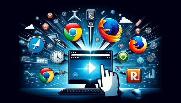 Ikony przeglądarek internetowych (Chrome, Firefox) wokół ekranu komputera z kursorem myszy.