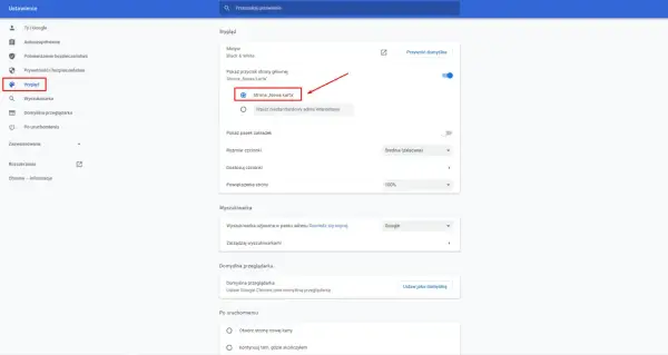 Ustawienia przeglądarki Chrome. Widok strony "Nowa karta". Możesz tu zmienić ustawienia, aby łatwiej było Ci jak zmienić przeglądarkę na Google.