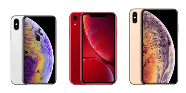 Trzy iPhone'y: biały, czerwony i złoty. Zastanawiasz się, ile cali ma iPhone X? Ten model ma 5,8 cala.