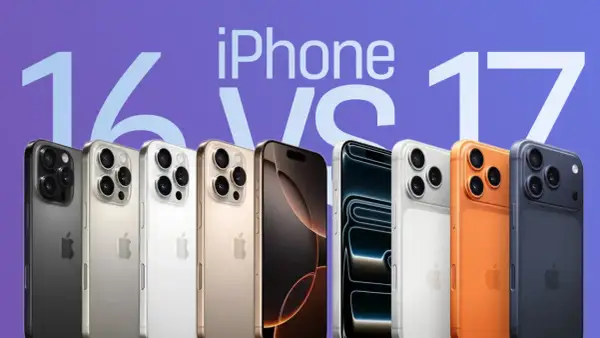 Rząd iPhone'ów w różnych kolorach, z napisem "iPhone 16 vs 17". Kiedy wychodzi iPhone 16?