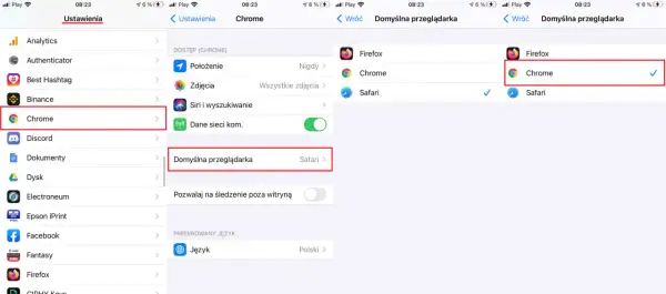 Ustawienia domyślnej przeglądarki: wybierz Chrome, aby ustawić go jako domyślną przeglądarkę.