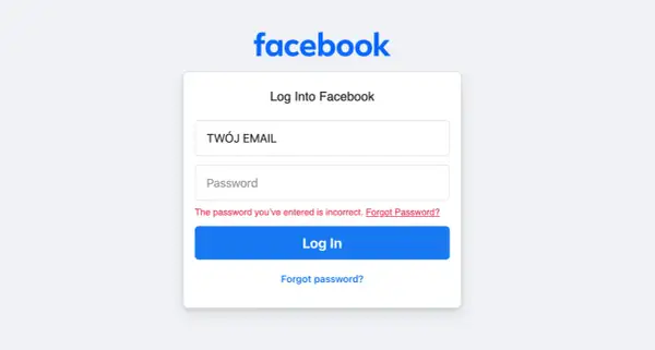 Ekran logowania do Facebooka. Wpisz swój email i hasło, aby włączyć logowanie do Facebooka we wbudowanej przeglądarce.
