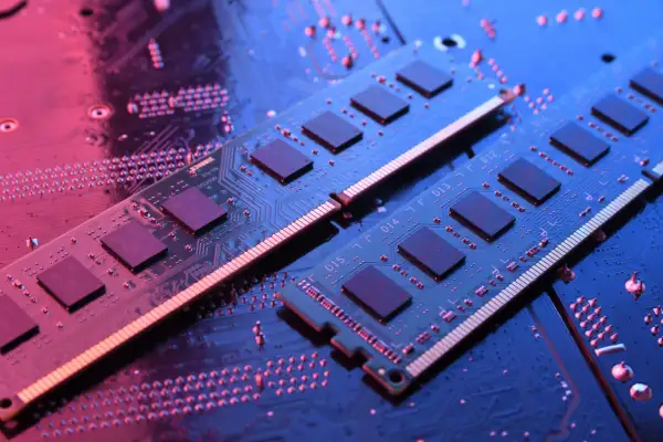 Dwa moduły RAM do laptopa leżą na płycie głównej, oświetlone niebieskim i różowym światłem.