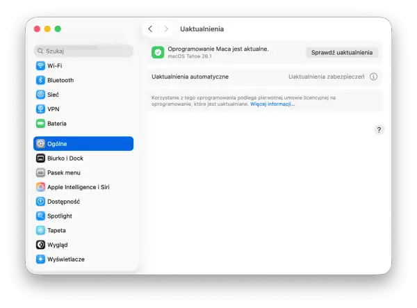 Ekran ustawień macOS, sekcja "Ogólne", pokazuje, że oprogramowanie jest aktualne. Tutaj dowiesz się, jak zaktualizować MacBooka.