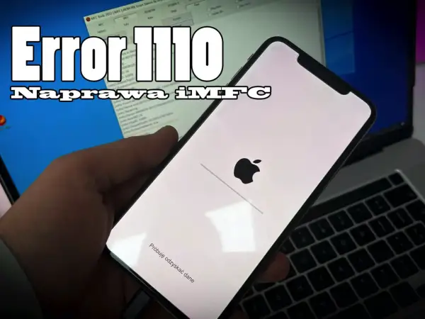 Naprawa błędu 1110 na iPhonie 8. Ekran z logo Apple i komunikatem "Próbuje odzyskać dane".
