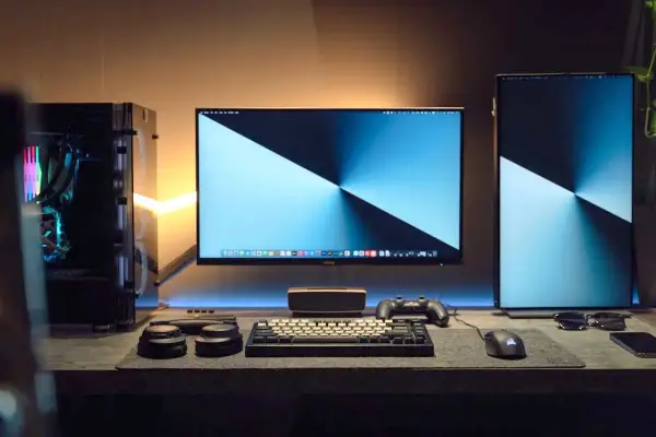 Stacja robocza z trzema monitorami, klawiaturą, myszką i komputerem PC. Idealna do pracy i rozrywki, pokazuje, jak podłączyć 3 monitory do laptopa.
